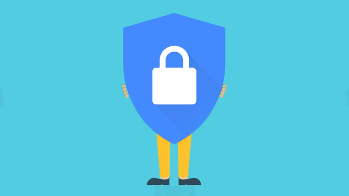 Security guy illustration lock with a shield and legs