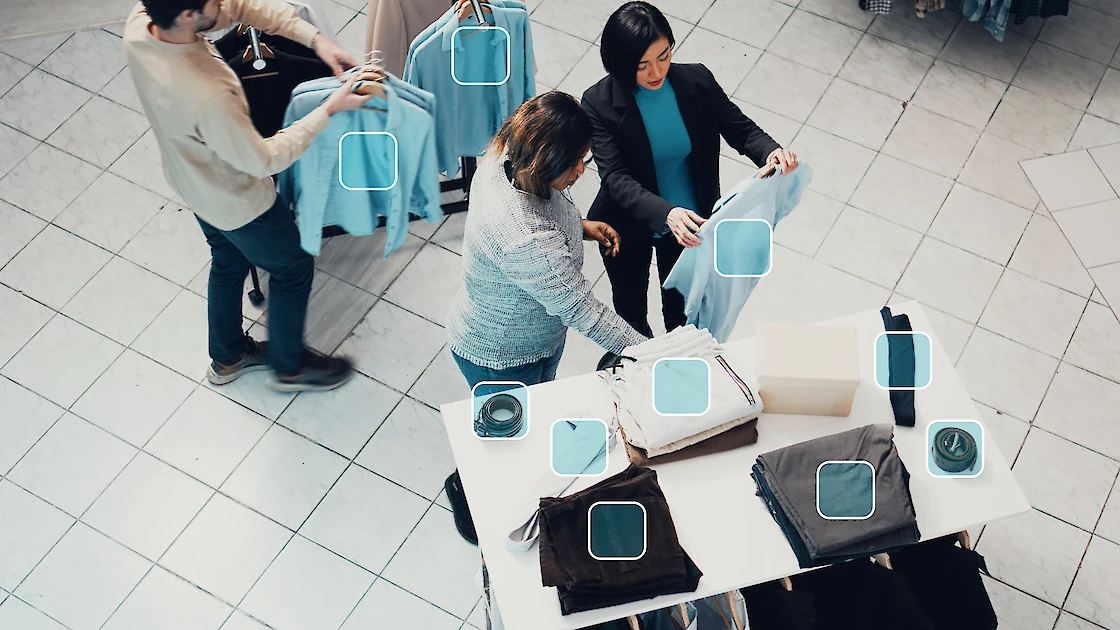 People shopping in a retail setting with AI identifying objects being looked at.