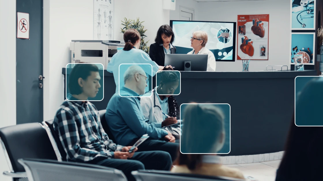 A hospital lobby with people being tracked to measure capacity.